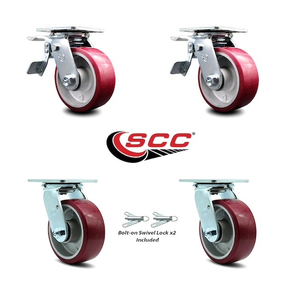 5 Inch Poly on Aluminum Caster Set with Ball Bearings 2 Brakes 2 Swivel Lock SCC